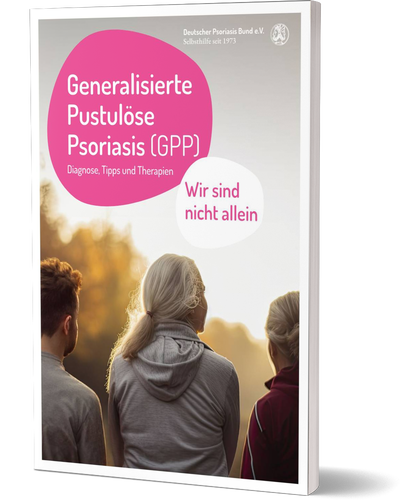 3D-Ansicht des Covers der GPP-Broschüre – modern gestaltetes Heft mit klarer Typografie und grafischen Elementen, das fachkundige Informationen zu Generalisierter Pustulöser Psoriasis visuell präsentiert.
